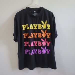 Playboy Spellout T Shirt Womens Size 2X Black Rainbow Graphic Tee